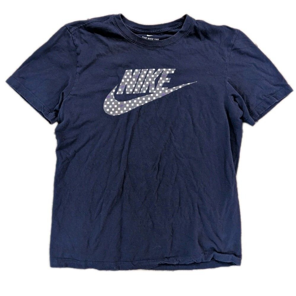 Nike T Shirt Men’s Medium Navy Blue Patterned Swoosh Logo Tee